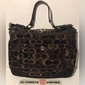 Vintage Coach Womens Brown Leather Fabric Logo Shoulder Bag Tote Purse Fashion 1